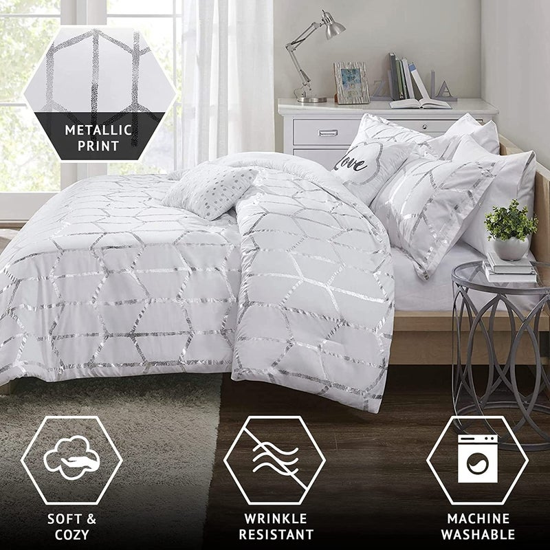 Intelligent Design Raina Full/Queen Comforter Set, Soft Microfiber, Modern Geometric Metallic Bed Set, 5 Pieces College Bedding with 2 Shams, 2 Toss Pillows White/Silver - Image 4